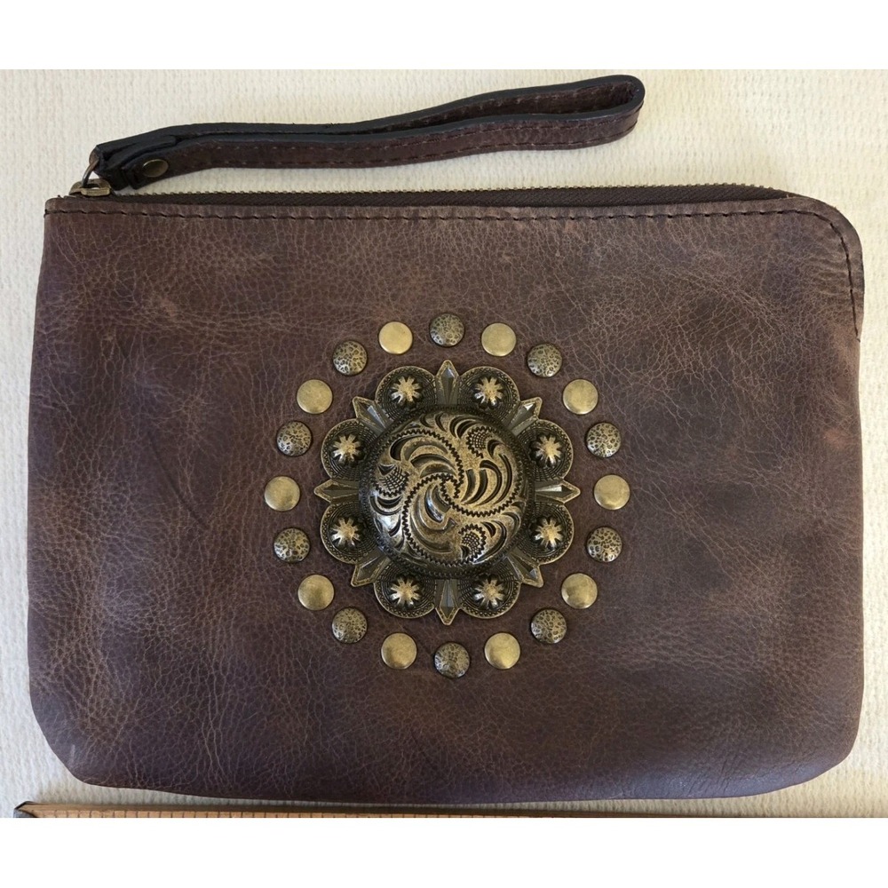 Patricia Nash Cassini Brown Leather Boho Medallion Studded  Zippered Wristlet